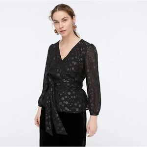 J. Crew Women Top Small Black Polka Dot‎ Textured Tie Waist Party Holiday Event